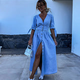 RIVIERA haljina — duga haljina na kopčanje u denim stilu