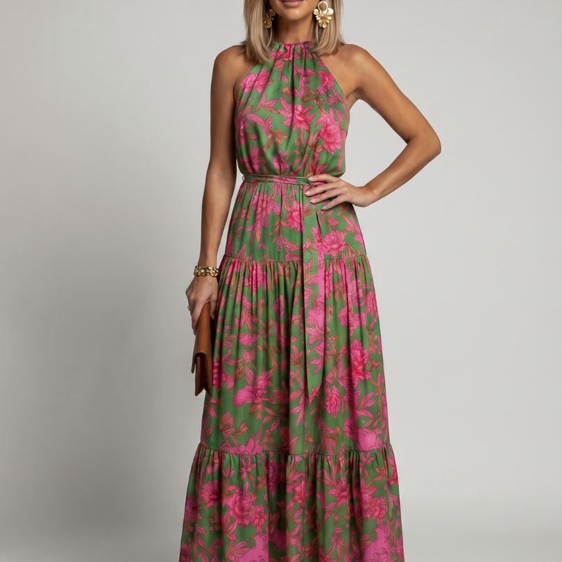 Midi haljina u roze boji sa elegantnim halter dekolteom