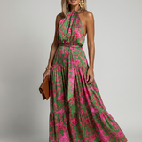 Midi haljina u roze boji sa elegantnim halter dekolteom