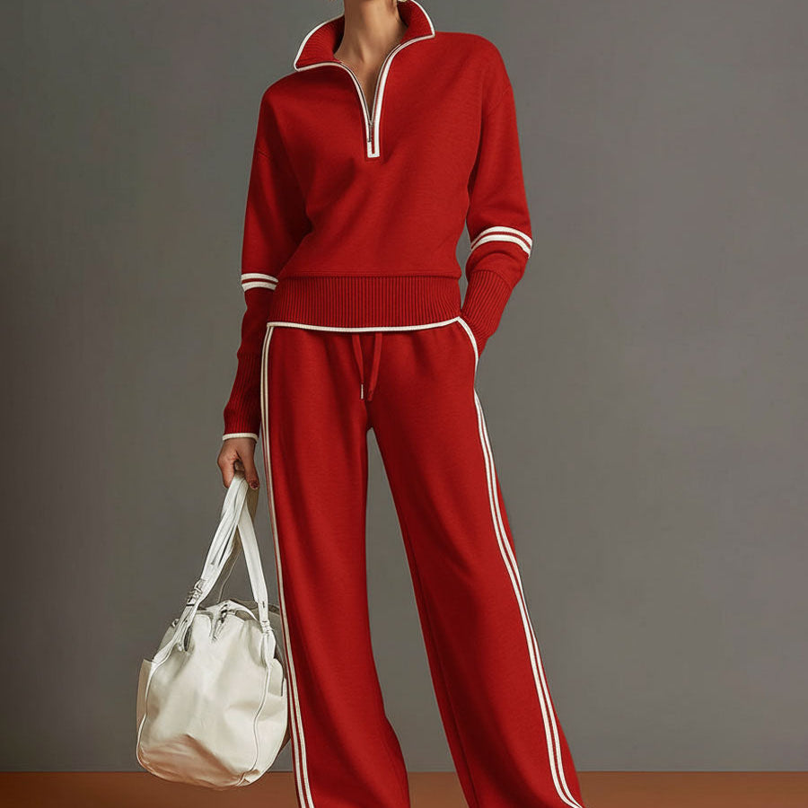 Carla - Retro Sportski Set sa Remenom u Sivo-beloj Boji sa Polu-zatvaračem i Širim Pantalonama