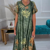 Haljina sa V-izrezom, print sa palmama, kratki rukavi