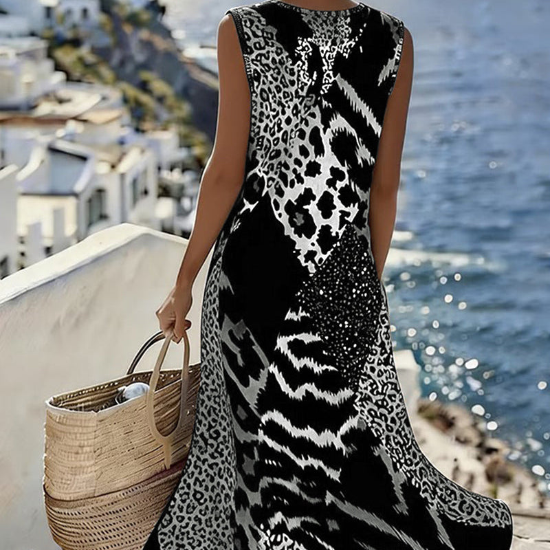 Haljina Patchwork sa Printom Leopard bez Rukava Duga