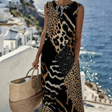 Haljina Patchwork sa Printom Leopard bez Rukava Duga