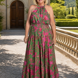 Midi haljina u roze boji sa elegantnim halter dekolteom