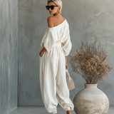 Set od lanenih hlača sa off-shoulder topom