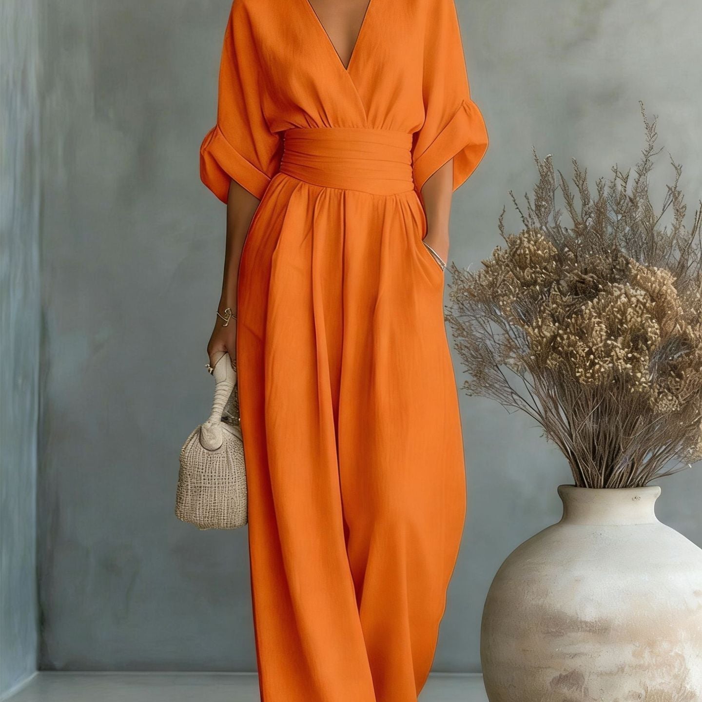 Elegantna Haljina u V, Otvorena Leđa i Fluidne Rukave - Maison Claire et Sylvie