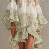 Rosalie | Mini Haljina od Muselina sa Rukavima na Volane i Prugastim Donjim Delom u Zelenoj Boji