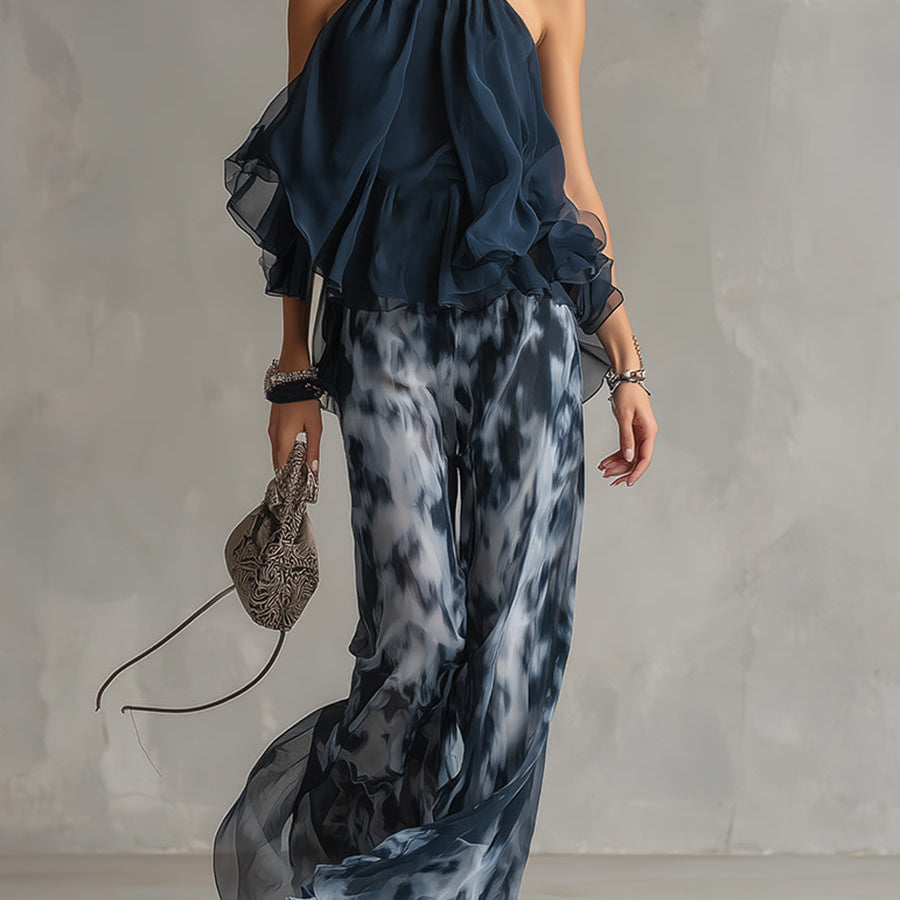 Ludovica – Elegantna čipkana kombinacija sa visokim ovratnikom i širokim šarenim pantalonama
