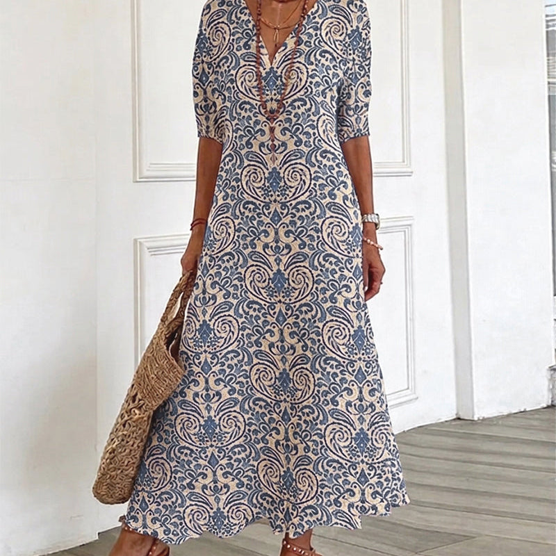 Ретро цветна рокля с V-образно деколте Maxi