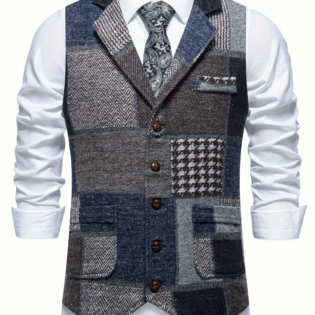 Leo - Patchwork prsluk od tvida s uzorkom riblje kosti