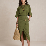 Marta - Midi Boho Haljina u Maslinastoj Zelenoj